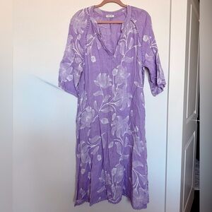 One Size Puro Lino Pure Linen Dress Purple Floral Print Small/Medium Oversized